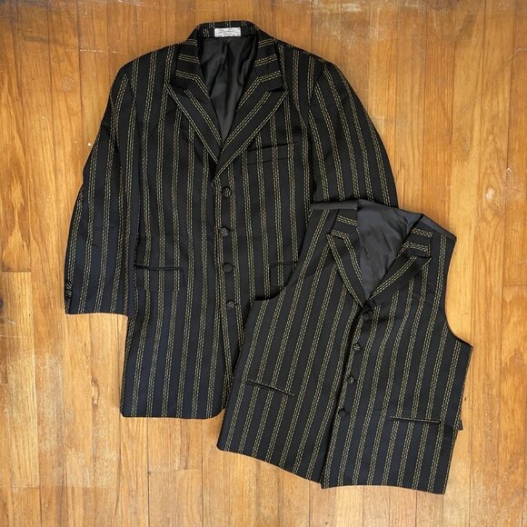 Vintage Boys Blazer & Vest 1990s Striped Black/Yellow Sport Coat Waistcoat Set